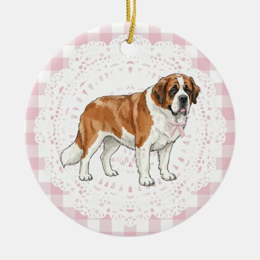 Coquette Saint Bernard Dog Pink Gingham Bows Keramik Ornament (Vorne)