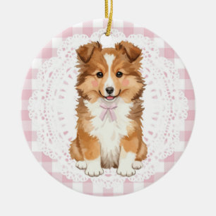 Coquette Shetland Sheepdog Hund Rosa Gingham-Schle Keramik Ornament