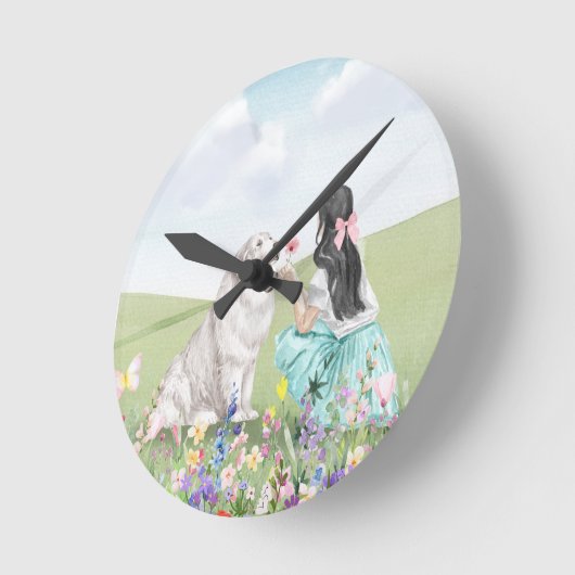 Coquette Spring Girl and Hunde Ästhetische Wall Uh Runde Wanduhr (Winkel)
