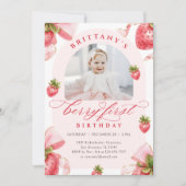 Coquette Strawberry 1. Geburtstag Einladung (Vorderseite)