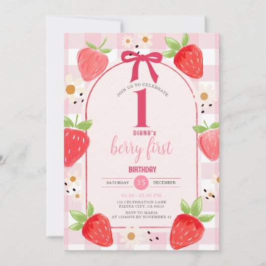 Coquette Strawberry 1st Birthday Party Invite Einladung (Vorderseite)