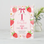 Coquette Strawberry 1st Birthday Party Invite Einladung (Stehend Vorderseite)