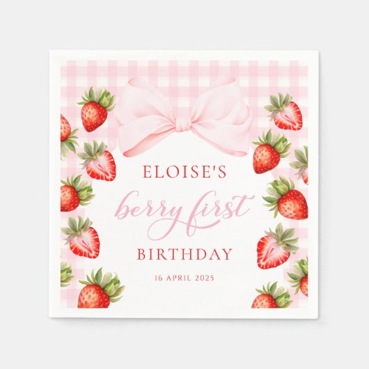 Coquette Strawberry Erster Geburtstag Serviette (Vorderseite)