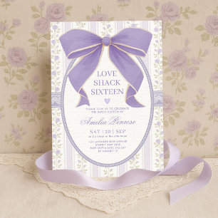 Coquette Sweet 16 Lila Bow Floral Geburtstag Einladung