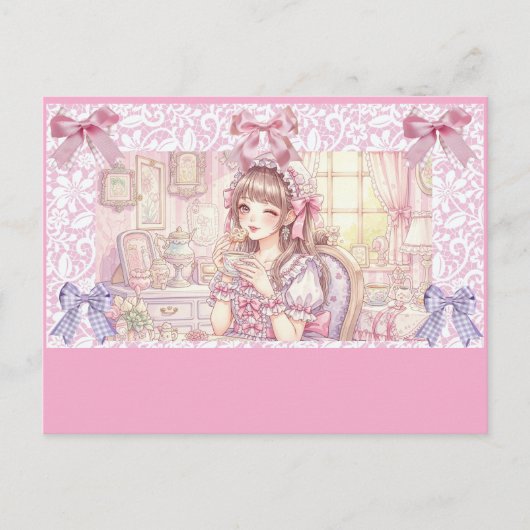 Coquette Tea Time – Pastel Ribbon Feiertagspostkarte (Vorderseite)