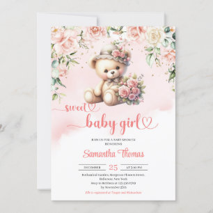 Coquette Teddybär mit Blume Mädchen Babydusche Einladung