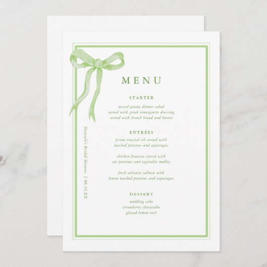 Coquette Toile Green Bow Brautparty Menükarte (Vorne/Hinten)