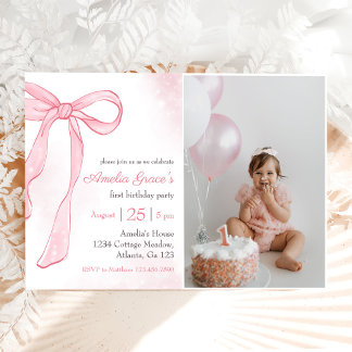 Coquette Wasserfarbe Pink Niedlich Bow 1. Geburtst Einladung