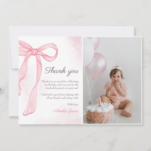 Coquette Wasserfarbe Rosa Niedlicher Bow Geburtsta Dankeskarte (Vorderseite)
