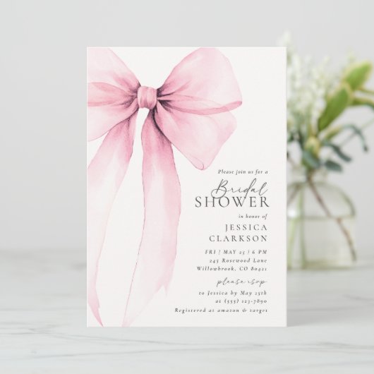 Coquette Watercolor Big Pink Bow Brautparty Einladung (Stehend Vorderseite)