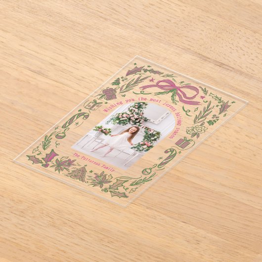 Coquette Weihnachtsfamilie Foto Pink Green Doodle Acryleinladungen (Ablage )