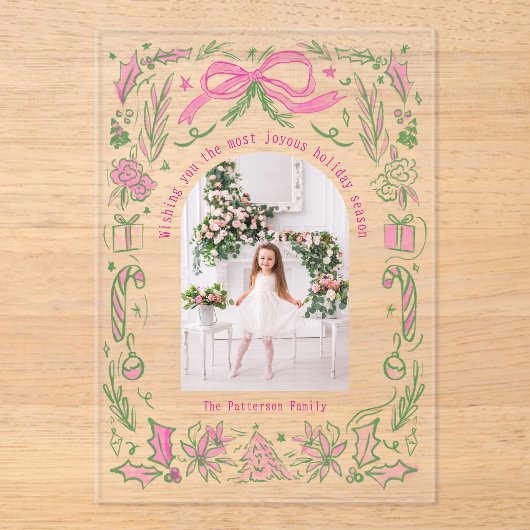 Coquette Weihnachtsfamilie Foto Pink Green Doodle Acryleinladungen (Vorderseite)