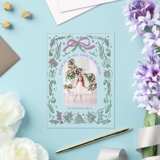 Coquette Weihnachtsfamilie Foto Pink Green Doodle Acryleinladungen (In Situ (Hochzeit))