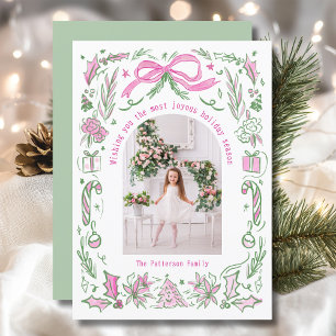Coquette Weihnachtsfamilie Foto Pink Green Doodle Feiertagskarte