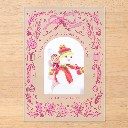 Coquette Weihnachtsfamilie Foto Red Pink Doodle Acryleinladungen (Vorderseite)