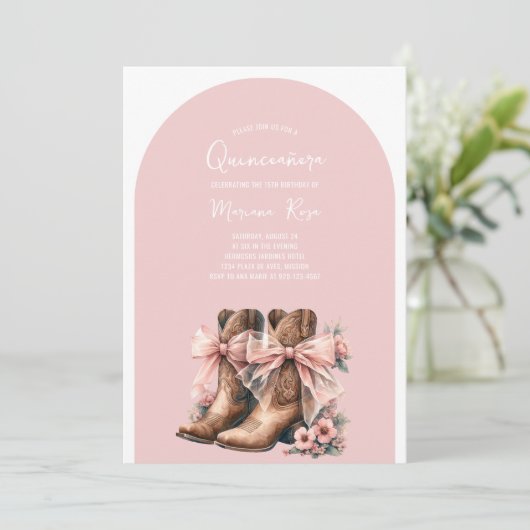Coquette Western Stiefts Quinceanera Geburtstag Einladung (Stehend Vorderseite)