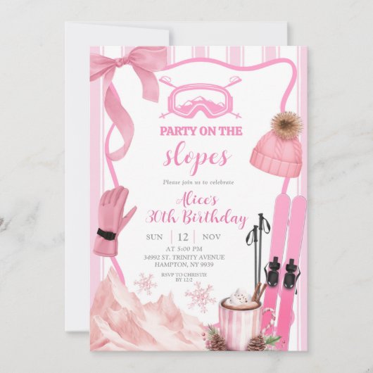 Coquette Winter Pink pastel Ski birthday Einladung (Vorderseite)