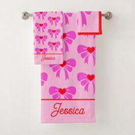 Coquette y2k Ribbon Muster Red & Pink Preppy Name Badhandtuch Set