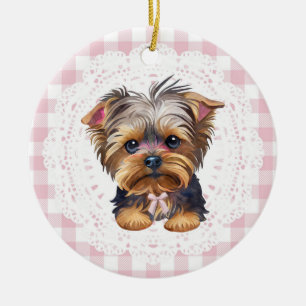 Coquette Yorkshire Terrier Hund rosa Gingham-Schle Keramik Ornament