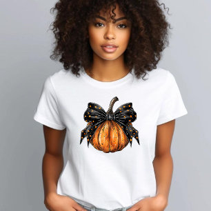 Coquettish Halloween Pumpkin Stars Black Bow T-Shirt