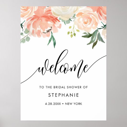 CORA Peach Floral Brautparty Willkommen Poster (Vorne)