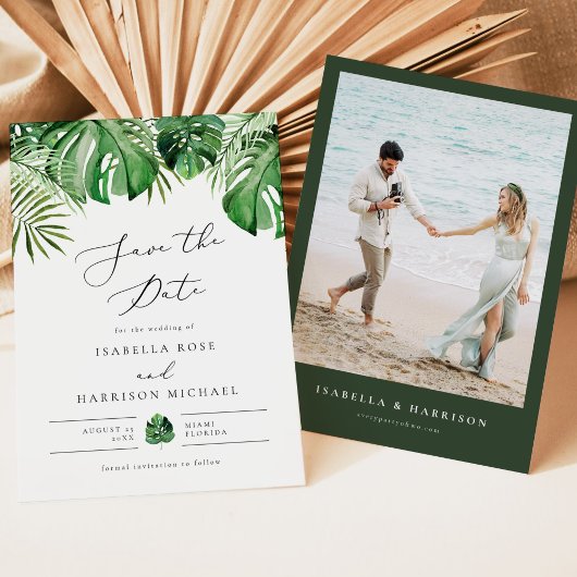 CORA Tropical Beach Palm Leaf Foto Save the Date Einladung