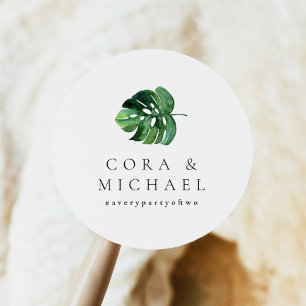 CORA Tropical Beach Palm Leaf Hochzeit in Urlaubso Runder Aufkleber