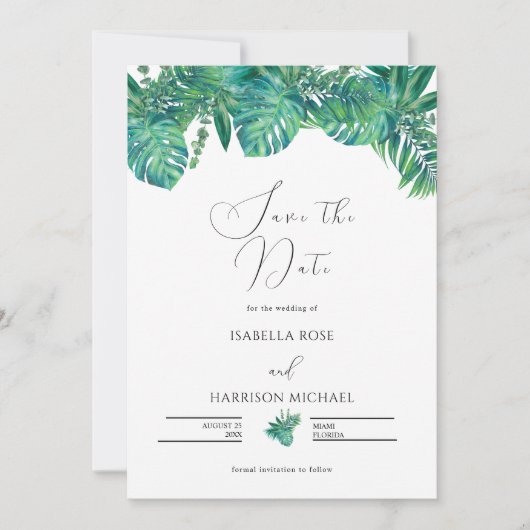 CORA Tropical Beach Palm Leaf Save the Date Einladung (Vorderseite)