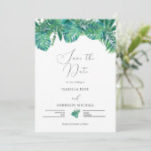 CORA Tropical Beach Palm Leaf Save the Date Einladung (Stehend Vorderseite)