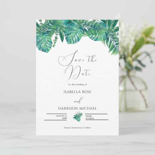 CORA Tropical Beach Palm Leaf Save the Date Einladung (Stehend Vorderseite)