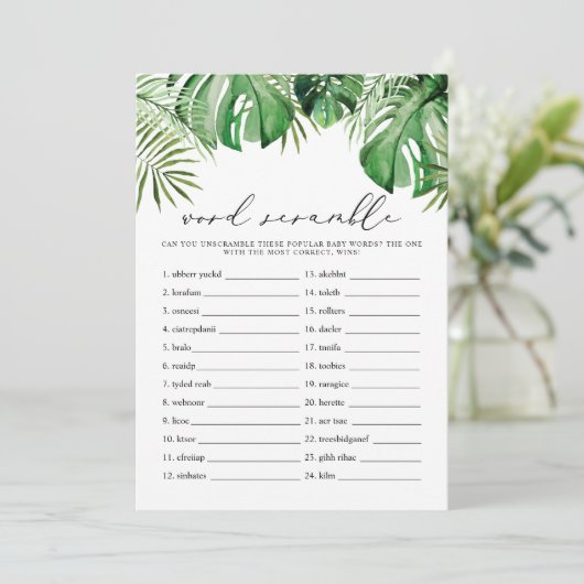 CORA Tropical Word Scramble Baby Duschkarte Einladung (Stehend Vorderseite)