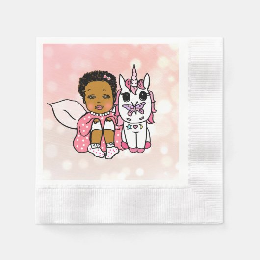 Coral African'-American Fairy and Unicorn Birthday Serviette (Vorderseite)