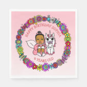 Coral Afroamerikanisches Fairy and Unicorn Birthda Serviette (Vorderseite)