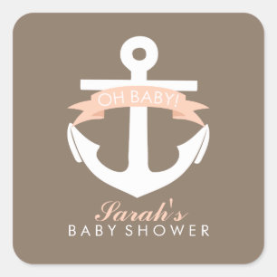 Coral Anchor and Ribbon Baby Shower Quadratischer Aufkleber