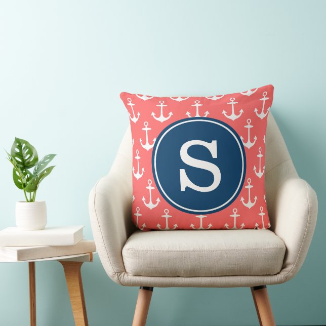 Coral Anchor Muster mit Navy Monogram Pillow Kissen (Stuhl )