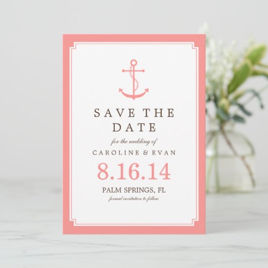 Coral Anchor Wedding Save the Date (Stehend Vorderseite)