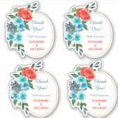 Coral and Aqua Floral Wedding Danke, Kontakt Aufkleber (Vorderseite)