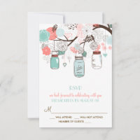Coral and Blue Mason Jars Floral RSVP Card