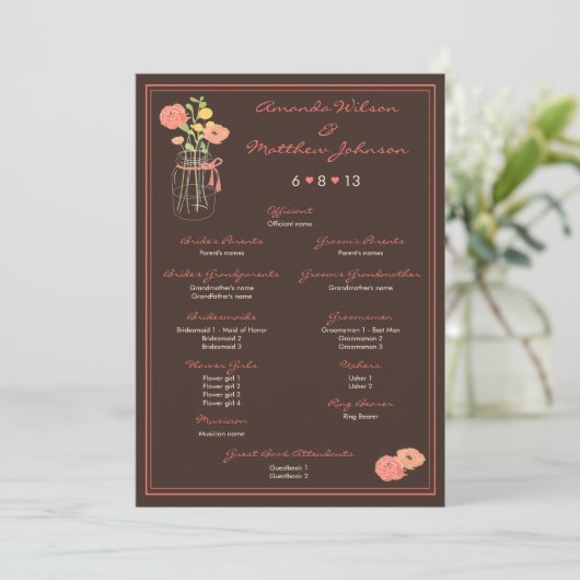 Coral and Brown Mason Jar Wedding Program Programm (Stehend Vorderseite)