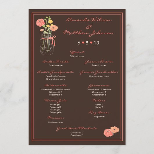 Coral and Brown Mason Jar Wedding Program Programm (Vorderseite)
