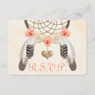 Coral and Gold Boho Dreamcatcher Wedding RSVP Card Karte