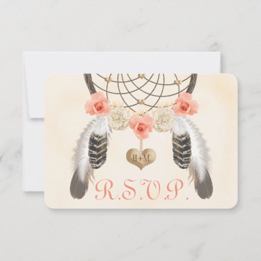 Coral and Gold Boho Dreamcatcher Wedding RSVP Card Karte (Vorderseite)