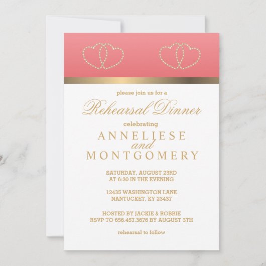 Coral and Gold Hearts - Probe Dinner Einladung (Vorderseite)