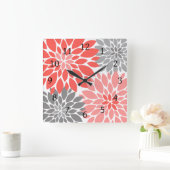 Coral and Gray Chrysanthemums Floral Pattern Quadratische Wanduhr (Zuhause)