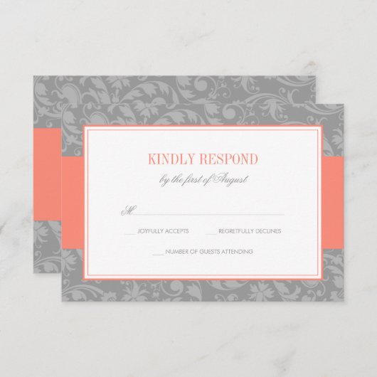 Coral and Gray Damask Wedding UAWG RSVP Karte (Vorne/Hinten)