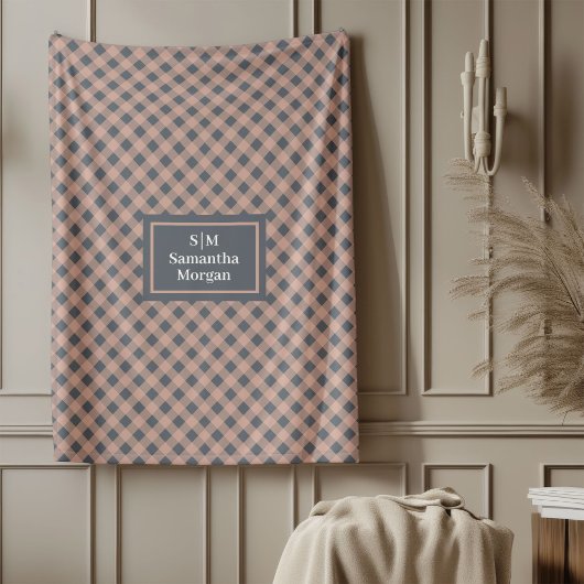 Coral and Grey Plaid Blanket Elegant Custom Name Fleecedecke