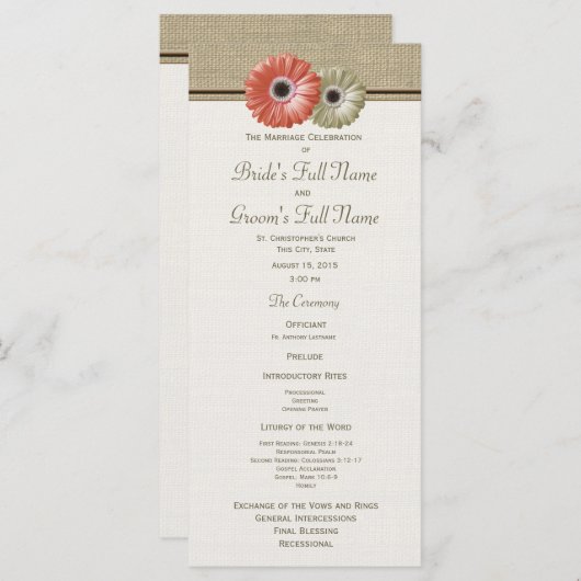 Coral and Ivory Gerbera Daisy Wedding Program Programm (Vorne/Hinten)