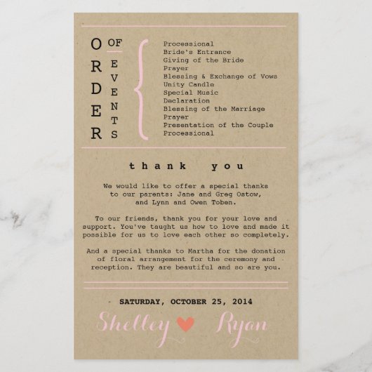 Coral and Kraft Simple Heart Wedding Program (Rückseite)