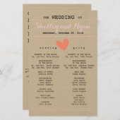 Coral and Kraft Simple Heart Wedding Program (Vorne/Hinten)