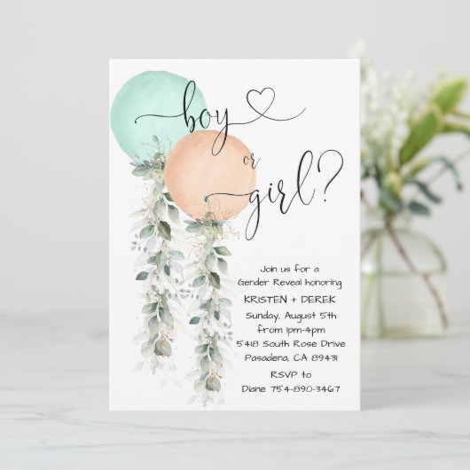 Coral and Mint Balloon Gender Reveal Party Einladung (Stehend Vorderseite)